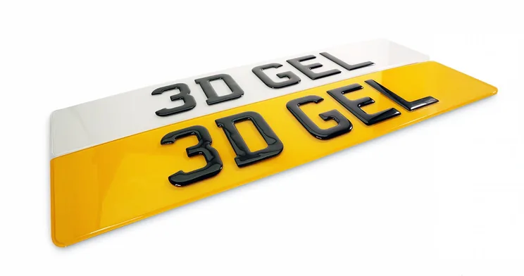 3D gel number plates with raised gel resin characters showing glossy finish