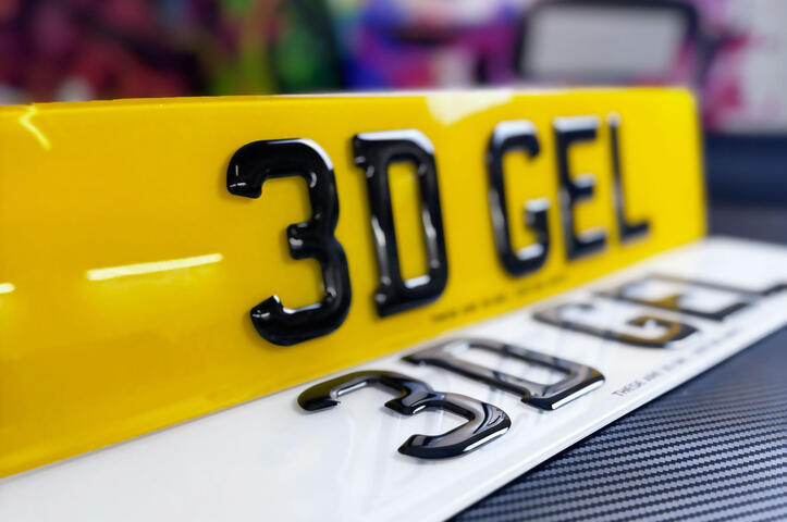 Road legal 3D gel number plates with raised gel resin characters